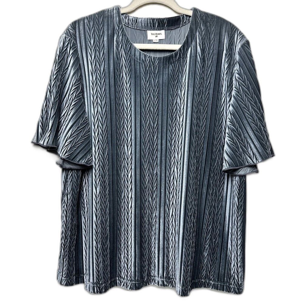 World Market L/XL Velvet Velour Gray Top Round Neck Flutter Sleeve Grandmacore